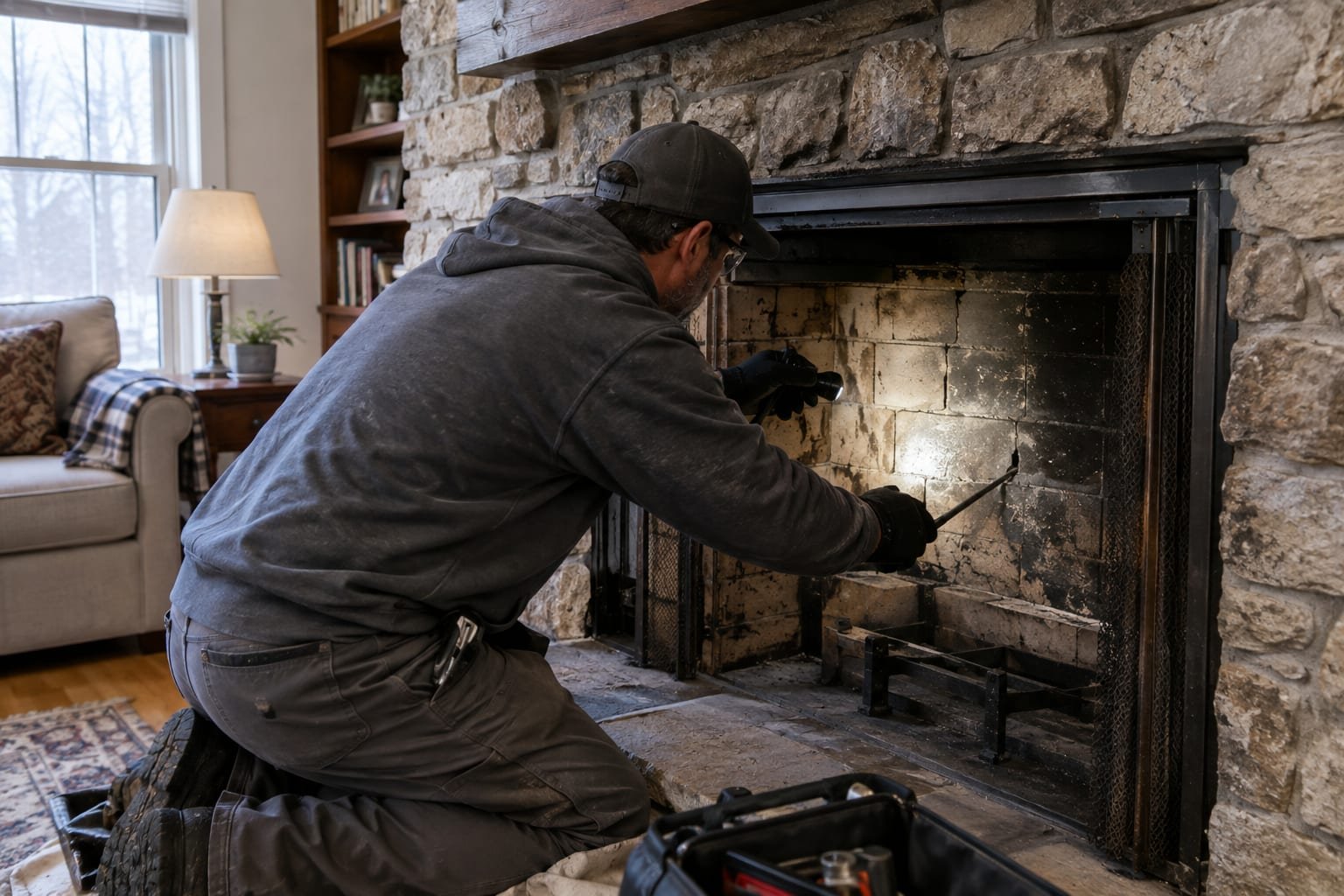 Chimney technician repairing the firebox of a wood-burning fireplace in Syracuse, NY